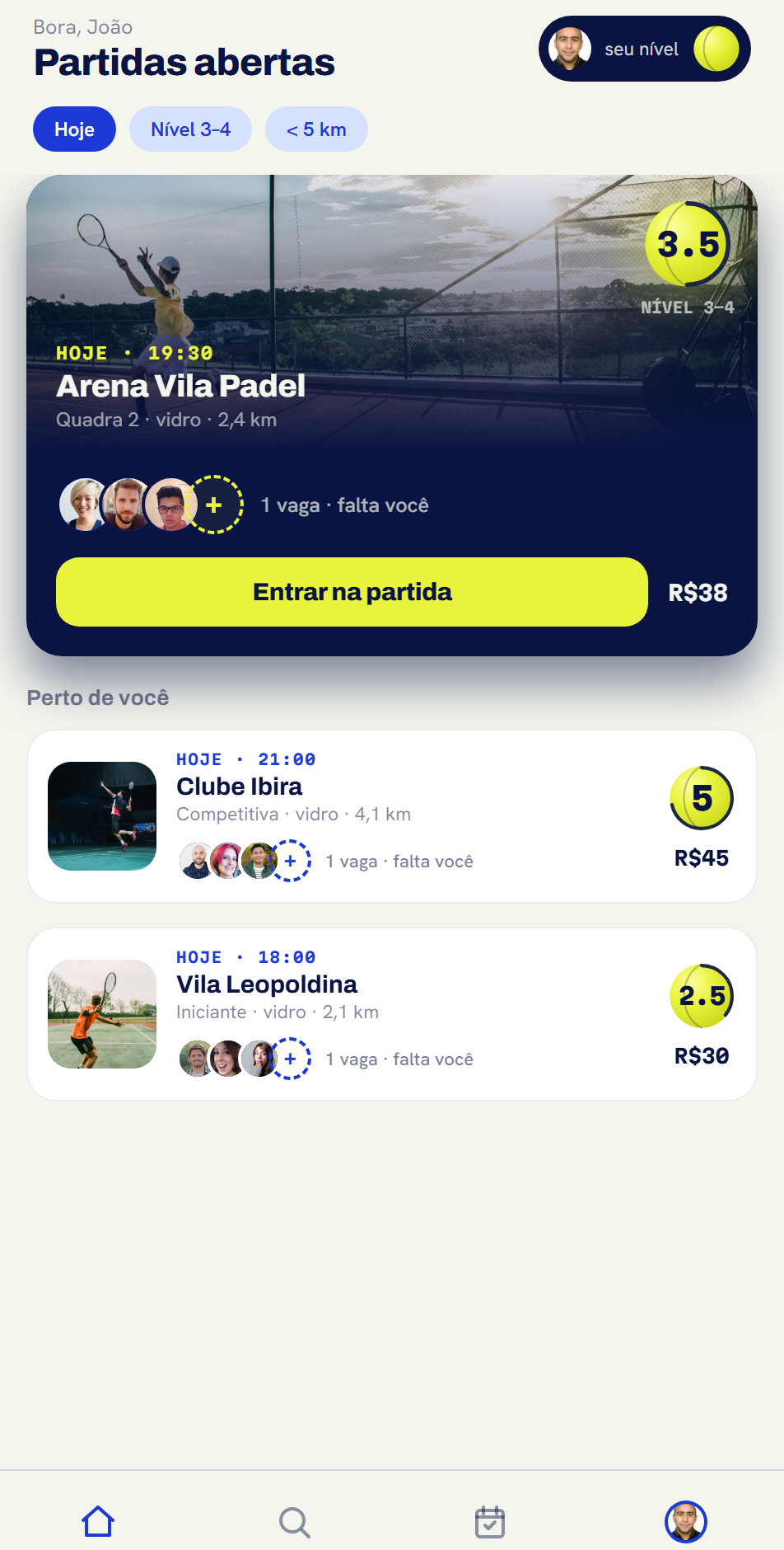 Tela inicial do app Bora com a lista de partidas abertas no seu nível